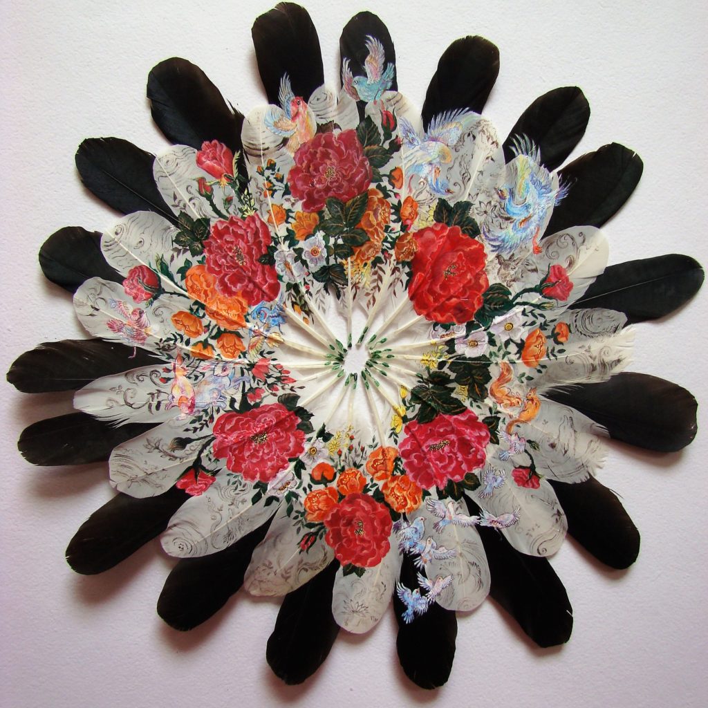 Acrylic on Duck & Crow feathers